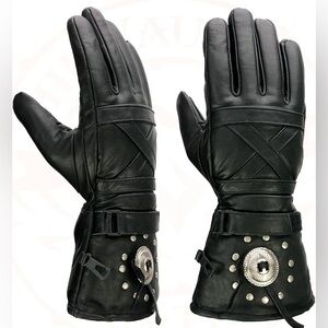 Black Leather Gauntlet cold Weather Motorcycle Gloves